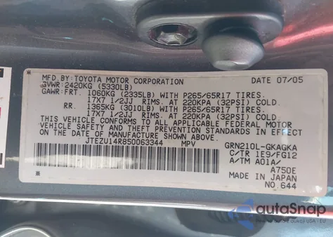 2005 Toyota 4Runner Sr5 V6 z USA, uszkodzony, nr VIN JTEZU14R850063344